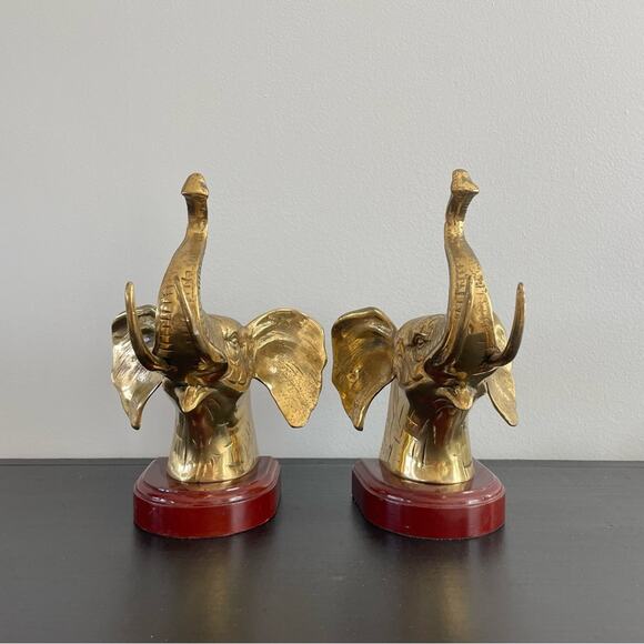 Vintage | Gold Brass Elephant Head & Wood Base Book Ends Pair Set Animal Design - Picture 4 of 7